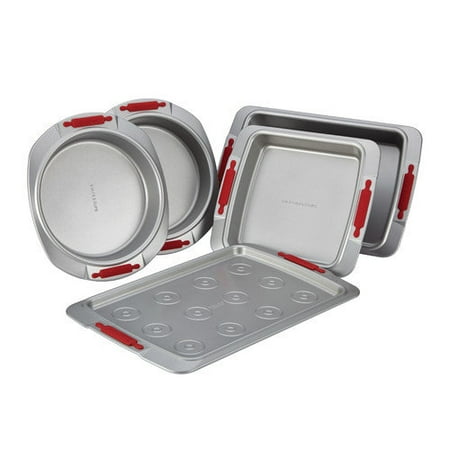 Cake Boss Deluxe Nonstick Bakeware 5-Piece Bakeware Set, Gray with Red Silicone Grips