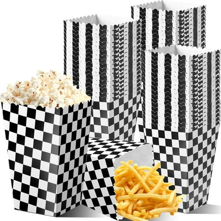 

100 Pieces Race Car Popcorn Boxes: Black and White Checkered Treat Boxes for Race Car Theme Parties