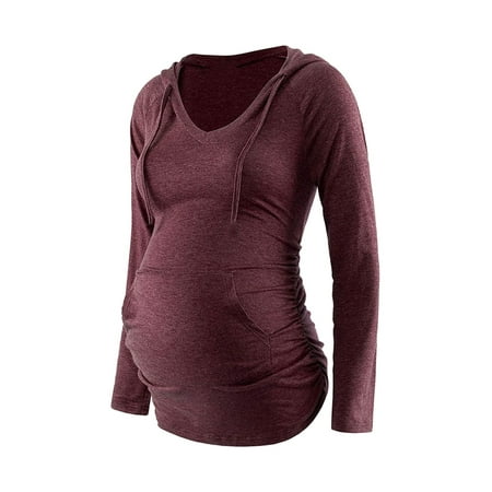 YAGHYAGH Pregnant Women Long Sleeve Hoodie T-shirt Plain Maternity Blouse Tee