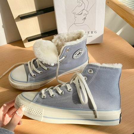 Women‘s Fleece Liner High Top Shoes Warm & Comfy Lace Up Flat Canvas Shoes Casual Round Toe Shoes
