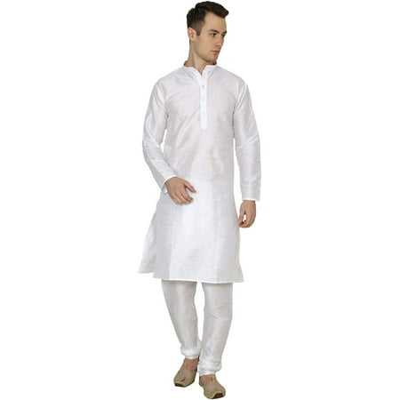 Royal Kurta Mens Silk Blend Solid Plain Kurta Churidaar Set White