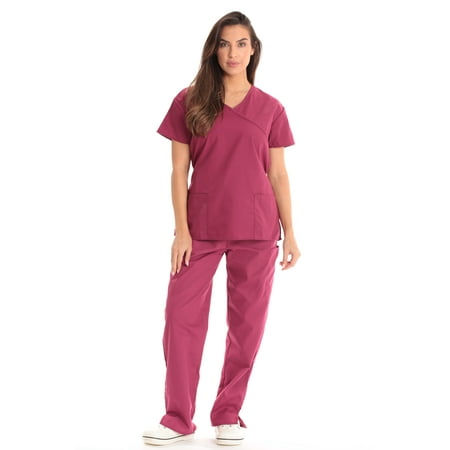 

Just Love Women s Scrub Sets Medical Scrubs (Mock Wrap) - Comfortable and Professional Uniform in (Burgundy with Burgundy Trim Small)