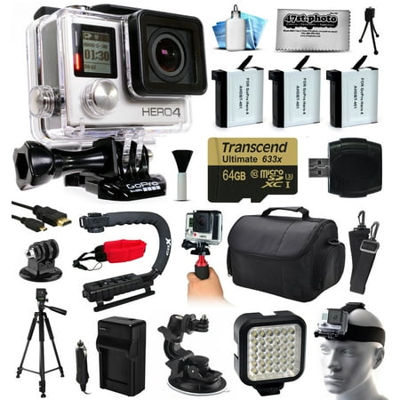 GoPro HERO4 Hero 4 Silver Edition 4K Action Camera with 64GB MicroSD, 3x Batteries, Charger, Card Reader, Large Case, Action Handle, Tripod, Car Mount, LED Light, Helmet Strap, Dust Cleaning Kit