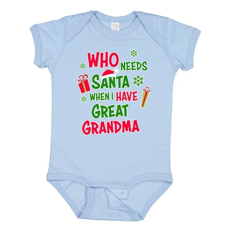 Inktastic Who Needs Santa when I Have Great Grandma Boys or Girls Baby Bodysuit
Inktastic Who Needs Santa when I Have Great Grandma Boys or Girls Baby Bodysuit