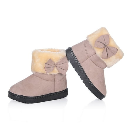 huanledash Snow Boots Girls Cute Bowknot Solid Color Winter Warm Snow Ankle Boots Slip On Flat Shoes