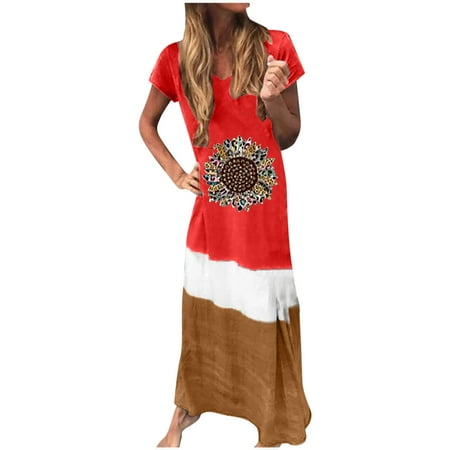Red Dresses for Women Black Dress Women s Leisure Loose Fit Splicing Short Sleeve Printed O-Neck Ankle-Length Dress Dresses for Women Skims Dupes Dress on Clearance Red L