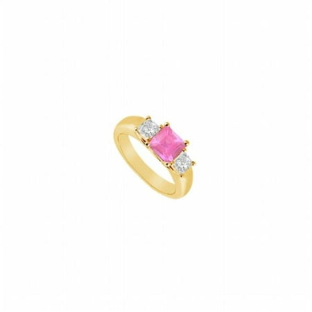 Three Stone Pink Sapphire & Diamond Ring 14K Yellow Gold, 0.50 CT - Size 8