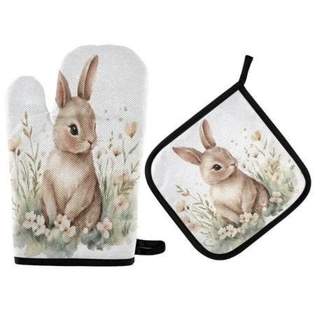 Heat Resistant Oven Glove & Hot Pad Set Reusable and Washable Kitchen Combo for Baking BBQ Oven Microwave Watercolor Bunny in Floral
Heat Resistant Oven Glove & Hot Pad Set Reusable and Washable Kitchen Combo for Baking BBQ Oven Microwave Watercolor Bunny in Floral