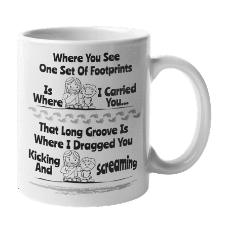 

Where You See One Set Of Footprints Is Where I Carried You Funny Footprints In The Sand Comic Christian Faith Coffee & Tea Mug Feat. Jesus For Church Leader Youth Group & Ministry Leaders (11oz)