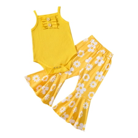 Frobukio Toddler Baby Girls 2Pcs Clothes Sets Spaghetti Strap Sleeveless Romper + Flower Printed Flare Pants Yellow 6-12 Months
Frobukio Toddler Baby Girls 2Pcs Clothes Sets Spaghetti Strap Sleeveless Romper + Flower Printed Flare Pants Yellow 6-12 Months