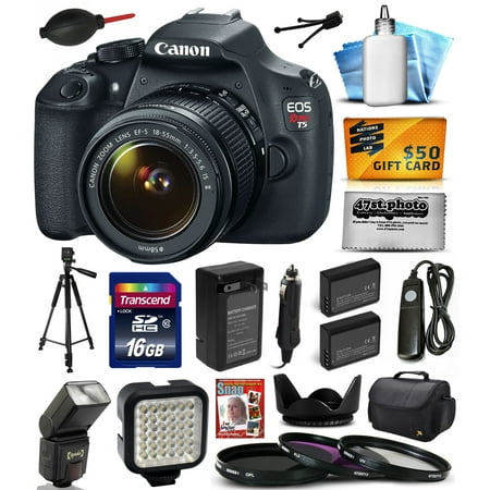 Canon EOS Rebel T5 EF-S 18-55mm IS II Digital SLR with 16GB Memory + Large Case + Tripod + Flash + LED Light + Two Batteries + Charger + 3 Piece Filters + DVD + Remote Control + $50 Gift Card 9126B003 Canon EOS Rebel T5 EF-S 18-55mm IS II Digital SLR with 16GB Memory + Large Case + Tripod + Flash + LED Light + Two Batteries + Charger + 3 Piece Filters + DVD + Remote Control + $50 Gift Card 9126B003