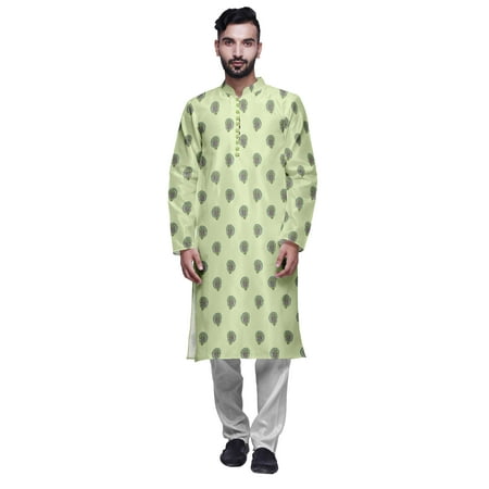 Atasi Mens Printed Modal Satin Indian Long Kurta With White Churidar Pajama Set