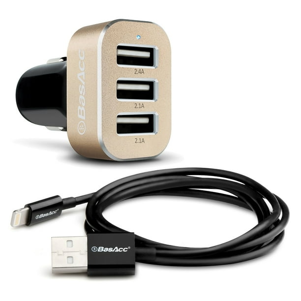 BasAcc (Apple MFi Certified) Lightning 8-Pin to USB Sync & Charge Cable + 3-Port 6.6A Car Charger for iPhone 7 7+ 6S 6 Plus SE 5 5S iPad Air 1 2 Mini 3 4 Pro iPod Nano 7th Touch 6th 5th Gen