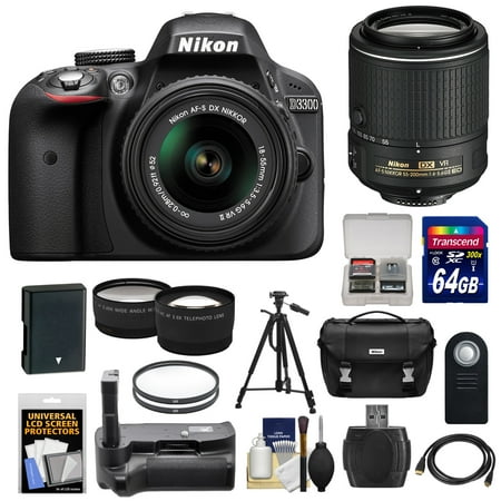 Nikon D3300 Digital SLR Camera & 18-55mm G VR DX II AF-S (Black) with 55-200mm VR II Lens + 64GB Card + Battery + Case + Grip + Tele\/Wide Lens Kit