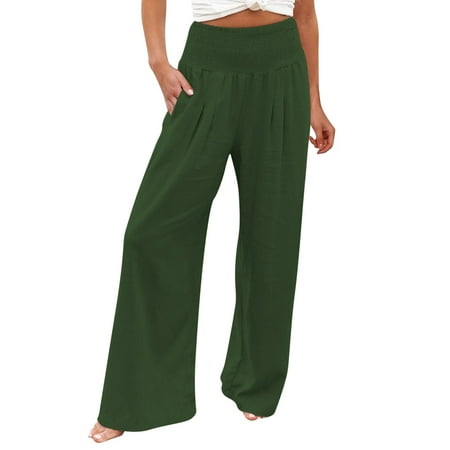 Casual Pants for Women High Waist Wide Leg Palazzo Lounge Pants for Women Smocked Elastic Waist Loose Comfy Casual Pajama Pants Pockets Cotton Linen Green