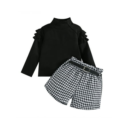 EYIIYE Toddler Girls Autumn 2Pcs Set Solid Color High Neck Ruffled Long Sleeve Ribbed Pullover + Houndstooth Print Shorts + Belt
EYIIYE Toddler Girls Autumn 2Pcs Set Solid Color High Neck Ruffled Long Sleeve Ribbed Pullover + Houndstooth Print Shorts + Belt