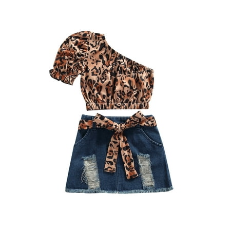 Calsunbaby Little Girl Summer Fashion Outfit Leopard One-shoulder Short Sleeve T-shirt Ripped Denim A-line Skirt Set
Calsunbaby Little Girl Summer Fashion Outfit Leopard One-shoulder Short Sleeve T-shirt Ripped Denim A-line Skirt Set