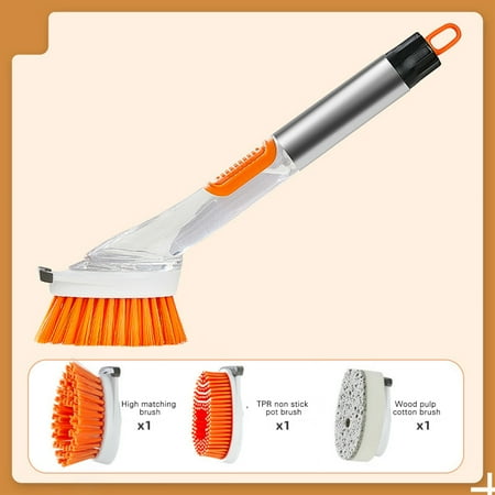 CKCL Long Handled Pot Scrubbing Brush with Dishwashing Liquid Dispenser(Orange)
