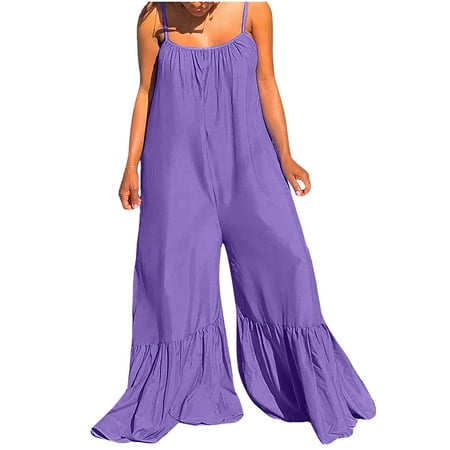 

women s solid color vintage one-pieces jumpsuit sleeveless spaghetti strap romper oversized wide leg overalls