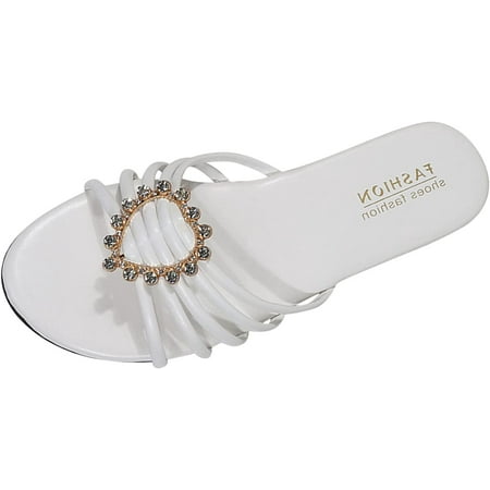 Ladies Summer Bohemian Style Solid Color Leather Heart Diamond Open Toe Flat Fashion Slippers Slippers Womens Slip on