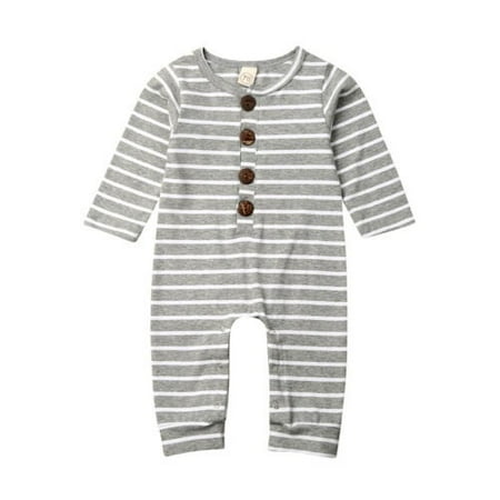 Newborn Baby Boy Girl Gray Striped Round Collar Button Romper Jumpsuit Playsuit Outfits Clothes 0-24 Months
