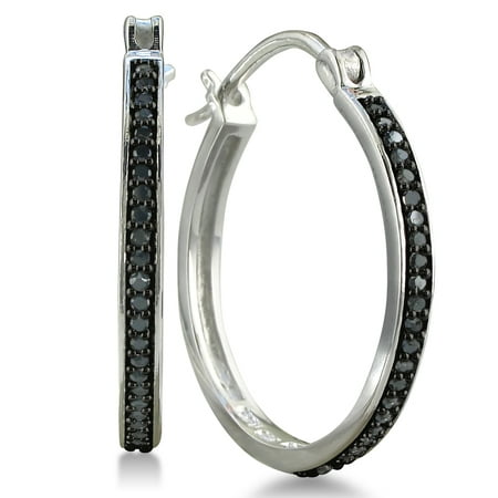Sterling Silver Black Diamond Hoop Earrings (1/4 cttw)
