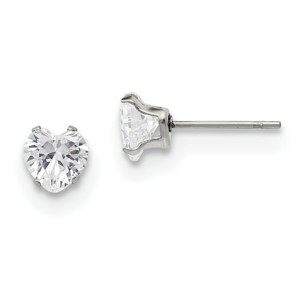 Stainless Steel Polished 6mm Heart CZ Stud Post Earrings