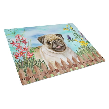 Caroline s Treasures Fawn Pug Spring Glass Cutting Board Large