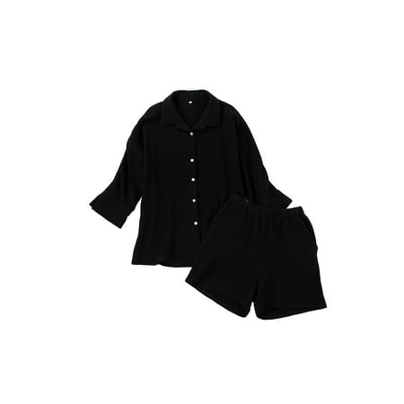Franhais Women 2Pcs Nightwear Suit Solid Color 3/4 Sleeve Single-Breasted Turn-Down Collar Shirt + Elastic Waist Short Pants
Franhais Women 2Pcs Nightwear Suit Solid Color 3/4 Sleeve Single-Breasted Turn-Down Collar Shirt + Elastic Waist Short Pants