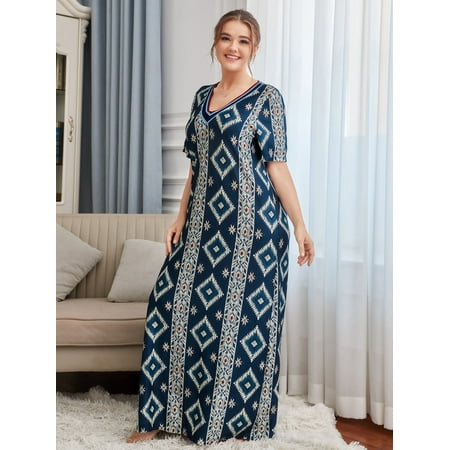 

Elegant Women s Plus Short Sleeve Geo Print Striped Trim Nightdress Multicolor 1XL(14) for Summer F220102Y