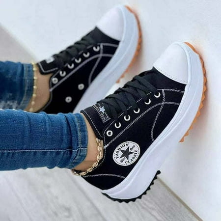 CAIKUITONRON Flat Lace-Up Sneakers Pattern Canvas Casual Women Sport Shoes
