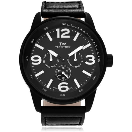 Territory Men's Leather Round Multifunction Strap Fashion Watch, Black