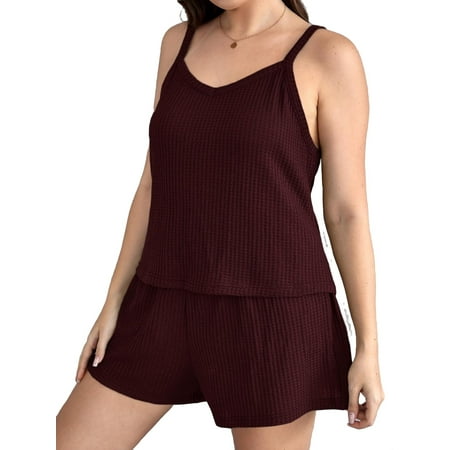 Solid Cami Short Sets Sleeveless Maroon Plus Pajama Sets (Women s)