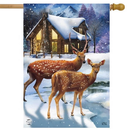 Winter Cabin Deer House Flag Snowy Scene 28" x 40" Briarwood Lane