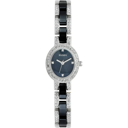 Elgin Women's Two-Tone Silver and Black Ceramic Black Dial Czech Crystal Accented Bracelet Watch