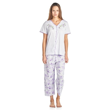 Casual Nights Women s Short Sleeve Floral Satin Lace Capri Pajama Set