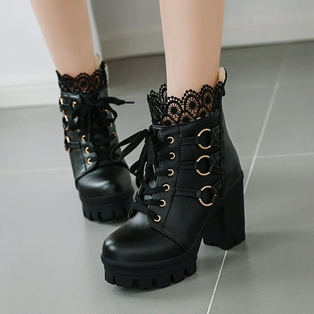 ZMHEGW Women Boots Winter Lace Pure Color High-Heeled Ankle Party Boots Shoes