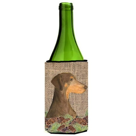 Doberman On Faux Burlap With Pine Cones Wine bottle sleeve Hugger 
Doberman On Faux Burlap With Pine Cones Wine bottle sleeve Hugger