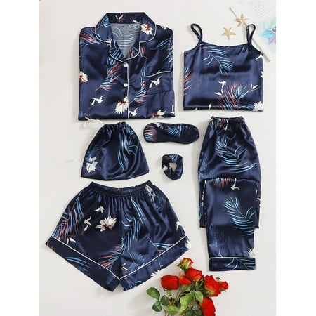 Women s Plus Sleep Lounge 7pcs Floral Print Satin Pajama Set 41222W21153