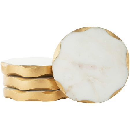 James Scott Round Marble Coasters For Drinks Set of 4 with Gold Edges