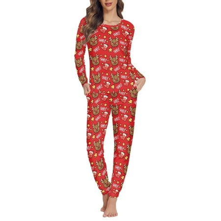 

Binienty Ugly Reindeer Ho! print Sleepwear for Women Plus Size Scoop Neck Christmas Party Wear with Pockets Holiday Casual Long Sleeve Shirts with Lounge Pants Pajamas Set Trendy Yoga Wear XS