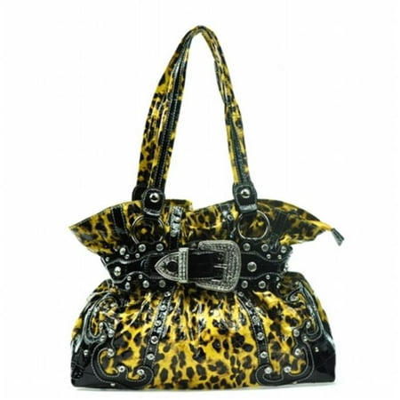 Ritz Enterprises BT940-YE-LP Western Leopard Print Bling Shoulder Bag With Rhinestone Belt Buckle Front - Yellow Leopard