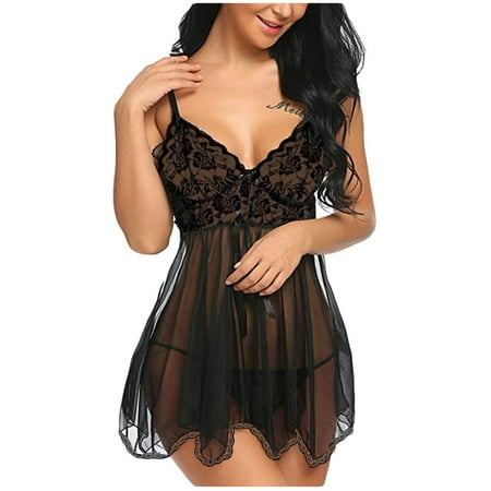 

Qcmgmg Sexy Lingerie for Women Chemise Bodysuit Backless Mesh Solid Babydoll Black L