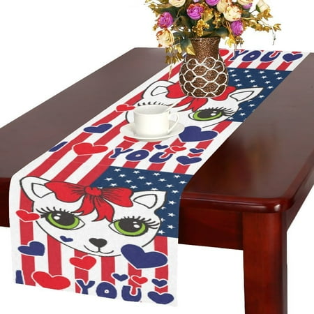 MYPOP Cute Cat American Flag Cotton Linen Table Runner 14x72 Inches