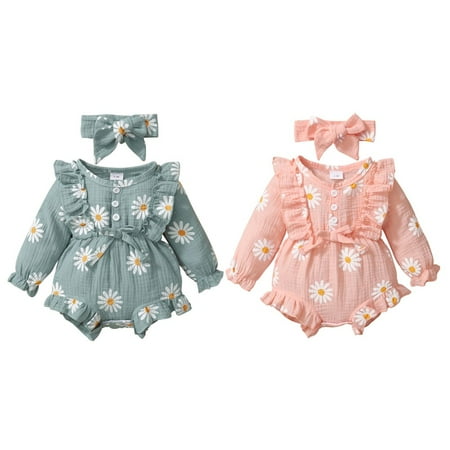 

SYNPOS 3-18M Cute Newborn Infant Baby Girl Ruffle Daisy Print Long Sleeve Romper+Headband 2PCS Outfits Set