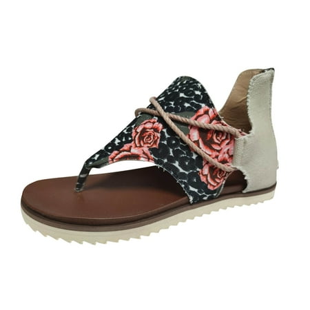 TOYFUNNY Ladies Summer Comfortable Flowers Print Zipper Shoes Flat Beach Open Toe Breathable Sandals