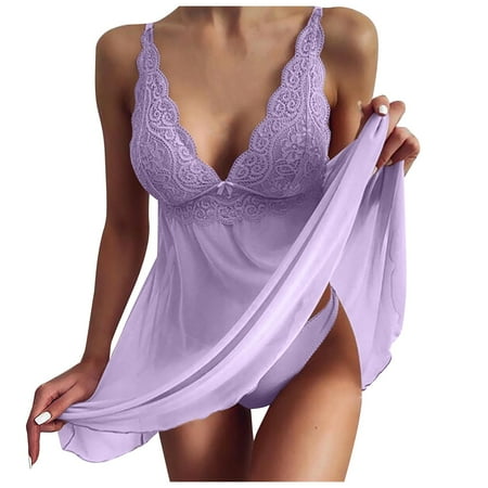 EHTMSAK Lace Lingerie for Women Nightgown Deep V Neck Teddy Chemise See Through Sexy Sleepwear Purple XL