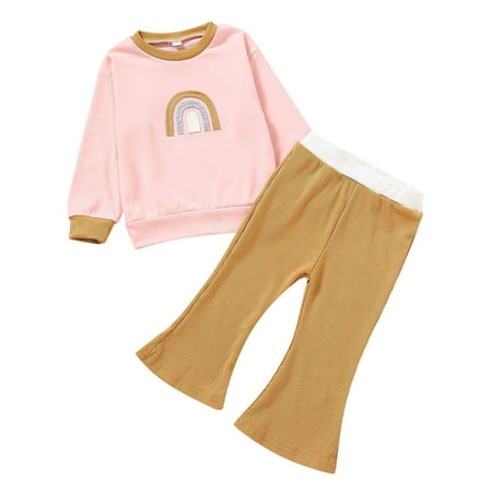 

LBECLEY Baby Girl Outfits for Newborns Toddler Kids Child Baby Girls Rainbow Long Sleeve Blouse Tops Solid Bell Bottomed Pants Trousers Clothes Set 2Pcs Outfits Baby Girl Bloomers Set Coffee 130