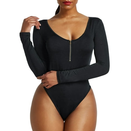 

Glookwis Women Solid Color Playsuit One Piece Bodysuit Stretch Sexy Romper Long Sleeve Scoop Neck Jumpsuit Bodysuits Black XL