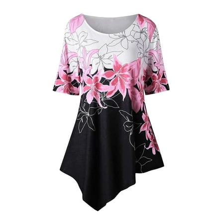Plus Size Women Floral Dress Summer Short Sleeve Cocktail Party Loose Asymmetrical Hem Tunic Tops High Low Mini Dress
